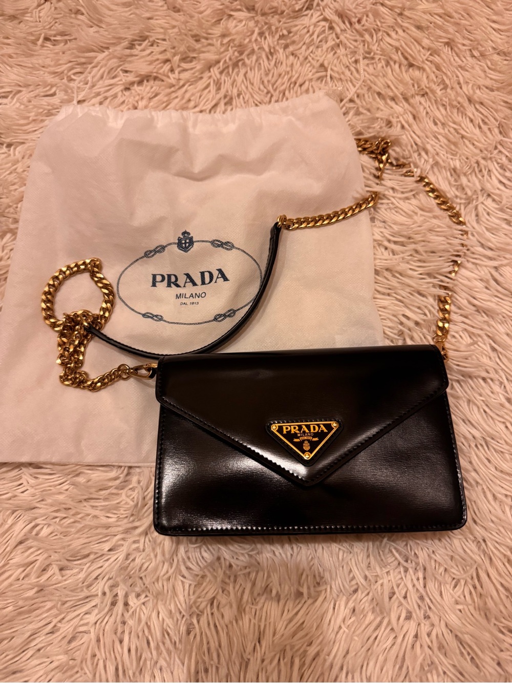 Prada Black Leather Shoulder Bag with Gold-Tone Chain and Logo Plaque - Picture 7 of 8
